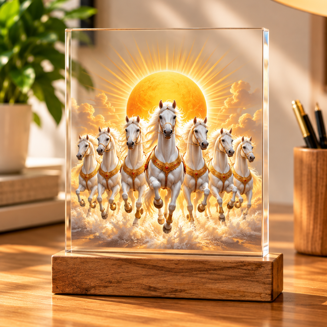 7 Running Horses Vastu Acrylic Frame with Wooden Stand β Symbol of Success, Growth & Positive Energy