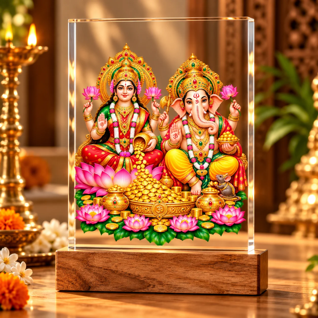 Laxmi Ganesh Acrylic Frame with Wooden Stand | Gift for Home, Family & Corporate Gifting