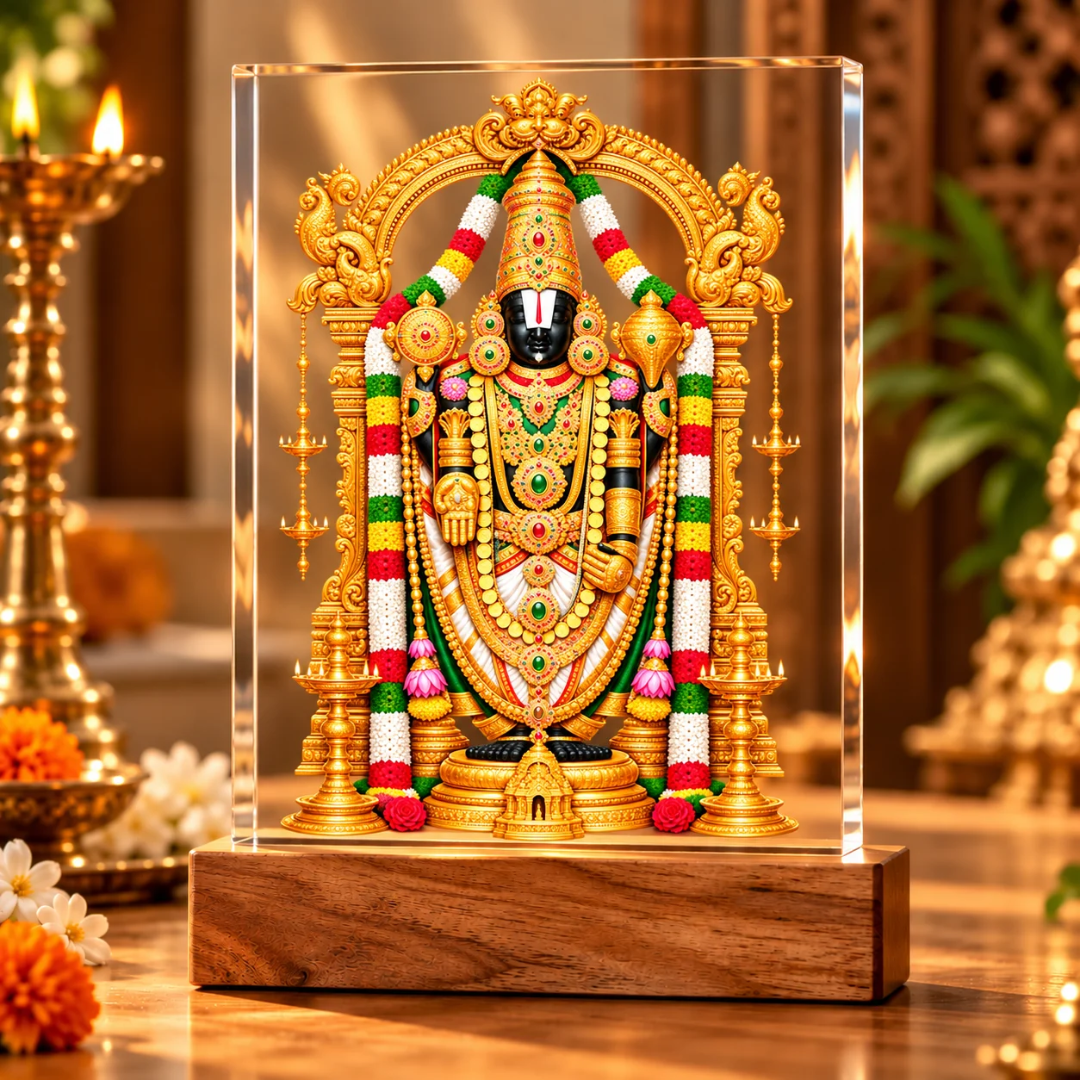 Tirupati Balaji Acrylic Frame with Wooden Stand | Lord Venkateswara Divine Blessings
