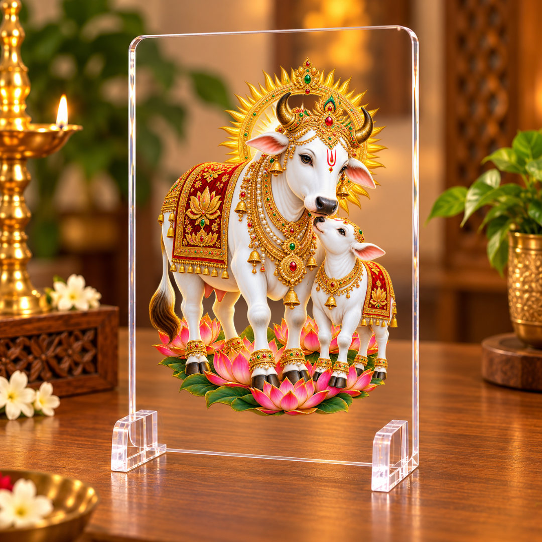 Kamdhenu Cow with Calf Vastu Acrylic Display Stand – Symbol of Prosperity, Abundance & Divine Blessings