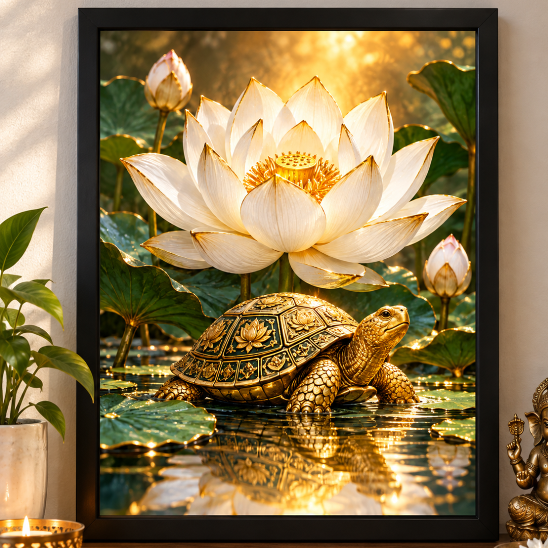 White Lotus & Golden Tortoise Vastu Framed Poster – Symbol of Peace, Stability & Prosperity