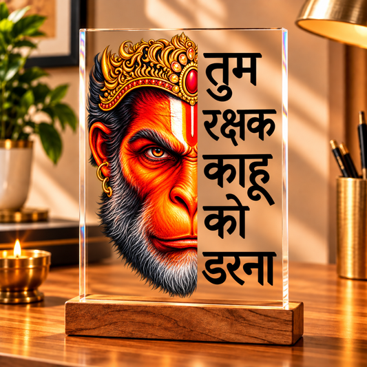“Tum Rakshak Kahu Ko Darna” Hanuman Ji Acrylic Frame with Wooden Stand – Symbol of Courage, Faith & Protection