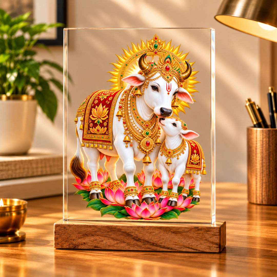Kamdhenu Cow with Calf Vastu Acrylic Frame – Symbol of Prosperity, Abundance & Divine Blessings