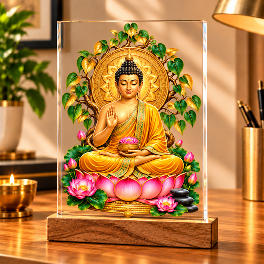 Buddha Peace & Positive Energy Acrylic Frame with Wooden Stand – Symbol of Calm, Harmony & Mindfulness