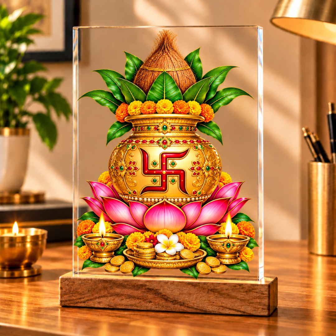 Swastik Kalash Vastu Acrylic Frame with Wooden Stand – Symbol of Shubh Labh, Prosperity & Auspicious Beginnings