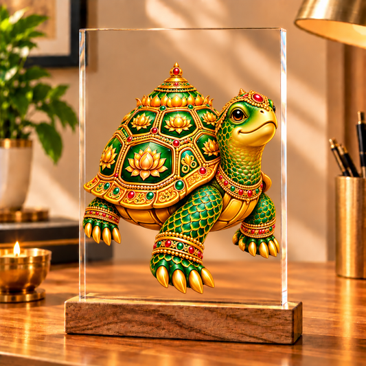 Kurma Tortoise Vastu Acrylic Frame with Wooden Stand – Symbol of Stability, Protection & Prosperity