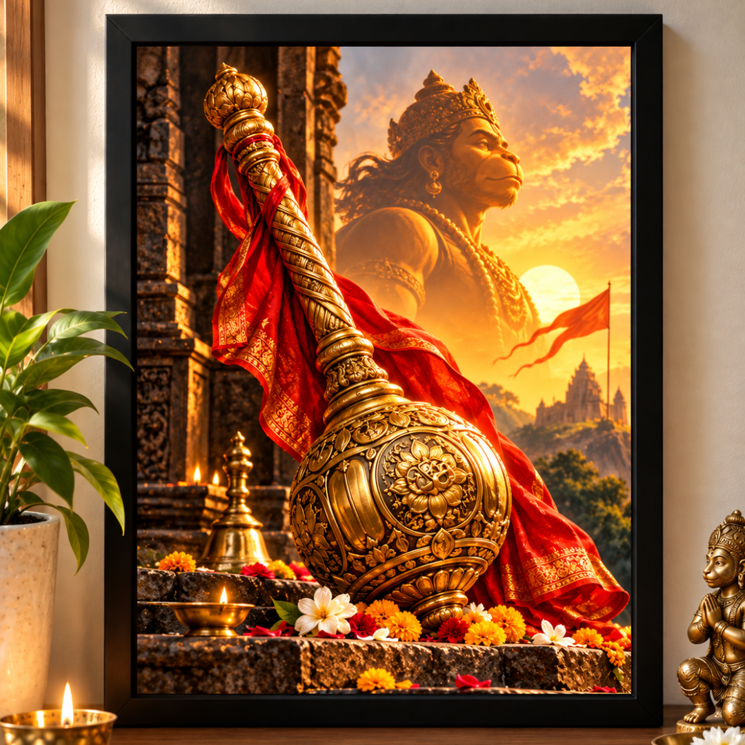 Hanuman Ji Gada Vastu Framed Poster – Symbol of Strength, Courage & Protection