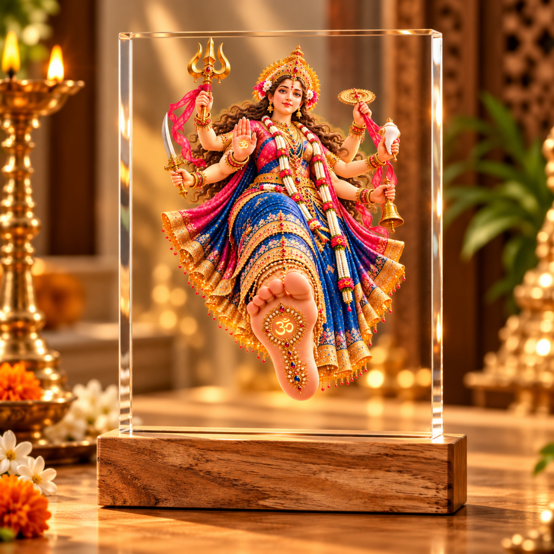 Maa Durga Charan Darshan Acrylic Frame with Wooden Stand – Divine Blessings & Protection