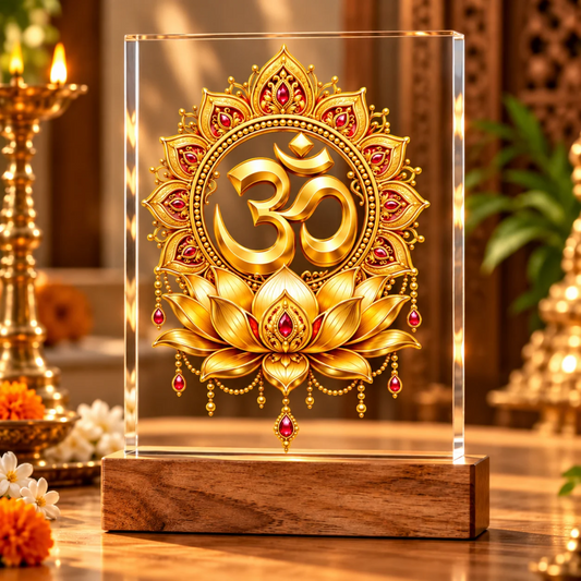 Golden Om & Lotus Acrylic Frame with Wooden Stand | Spiritual Home Décor